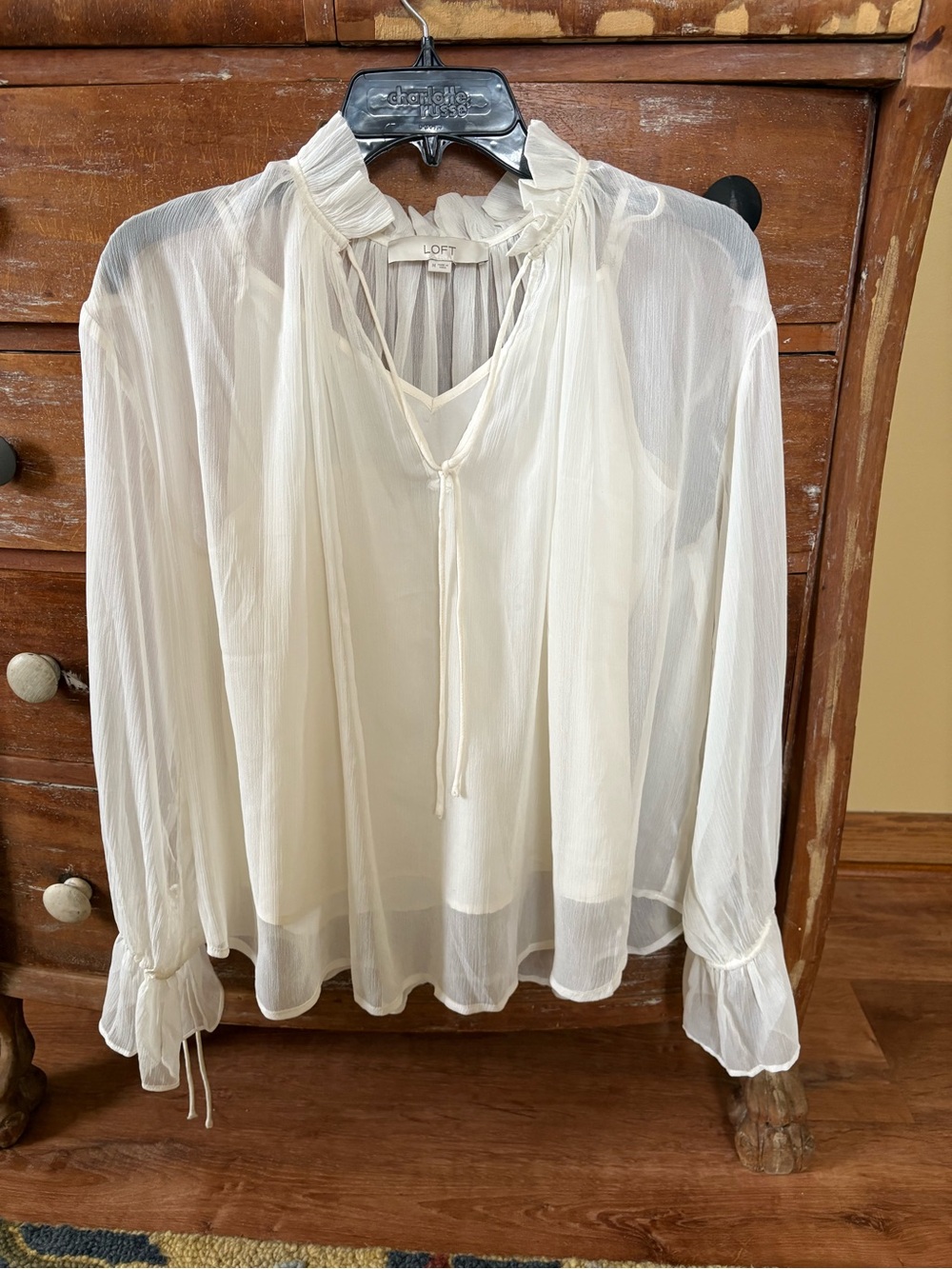 LOFT Sheer Ruffle Tie-Neck Blouse in Off-White